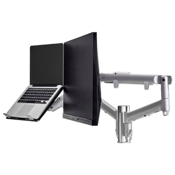 Atdec Awm Dual Monitor Arm Solution - Dynamic Arms - 135MM Post - Grommet - Silver With A Note Book Tray