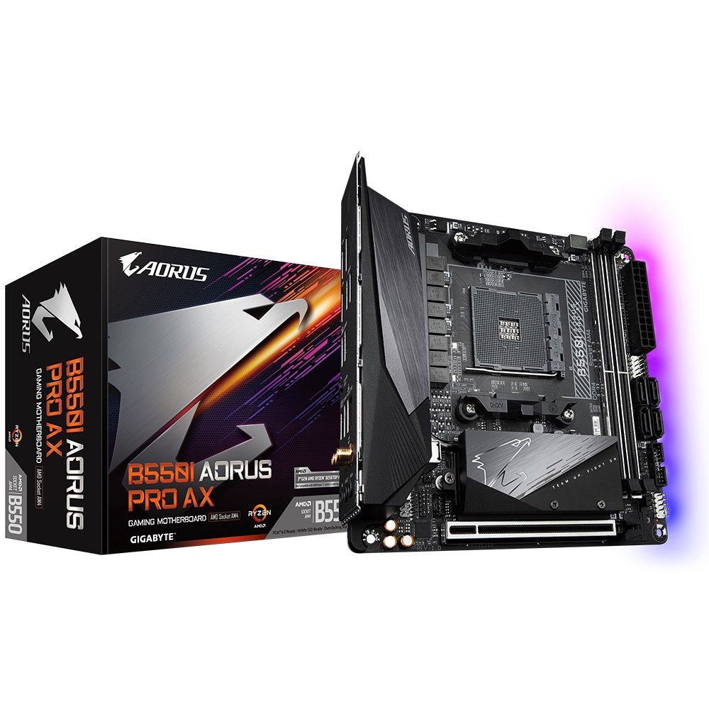 Gigabyte B550 I Aorus Pro Ax Amd Ryzen M-Itx Motherboard 2xDDR4 4xSATA 2xM.2 Lan Raid Wifi6 BT 1xPCIEx16 DP Hdmi 4xUSB3.2 Usb-C