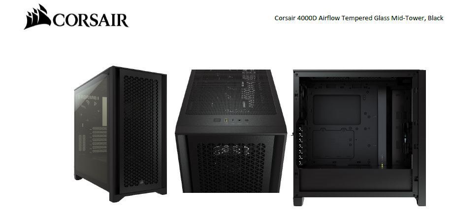Corsair Carbide Series 4000D Airflow Atx Tempered Glass Black, 2X 120MM Fans Pre-Installed. Usb 3.0 And Type-C X 1, Audio I/O. Case