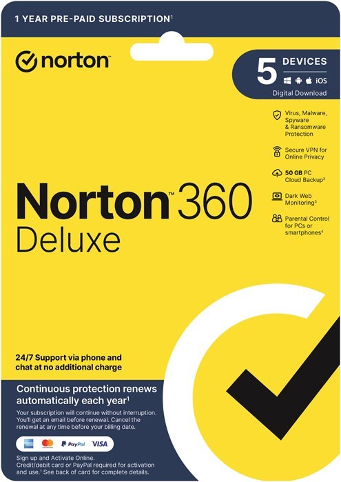 Norton 360 Deluxe 50GB Au 1 User, 5 Devices, , 12 Months, Digital Key Via Email