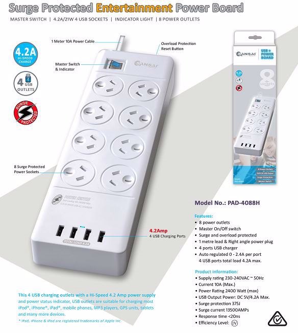 Generic Sansai 8 Outlets & 4 Usb Outlets Surge Protected Powerboard (Pad-4088H)