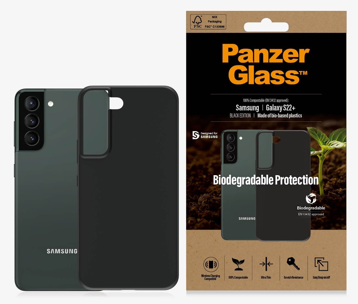PanzerGlass™ Biodegradable Case Samsung Galaxy S22+ - Black (0375), Military Grade Standard (Mil-Std-810H), Wireless Charging Compatible, Ultra Thin