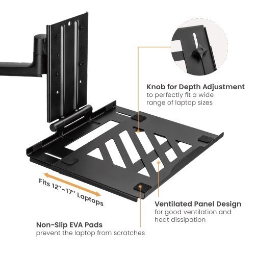 Brateck Adjustable Laptop Tray For Monitor Arms Fits12-17' With Standard 75X75 Vesa Plate