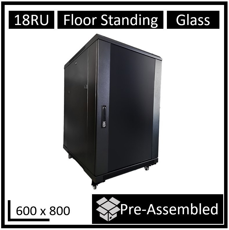 LDR Assembled 18U Server Rack Cabinet (600MM X 800MM) Glass Door, 1X 8-Port Pdu, 1X 4-Way Fan, 2X Fixed Shelves - Black Metal Construction