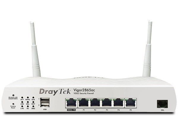 Draytek Vigor2865ac Multi WAN Router with VDSL2 35b/ADSL2+, 1 x GbE WAN/LAN, and 3G/4G USB WAN port for Load Balancing and Fail-over, 5 x GbE LANs, Object-based SPI Firewall, CSM, QoS, 802.11ac (AC1300) WiFi, 32 x VPNs, 16 x SSL VPNs, and support VigorACS 2