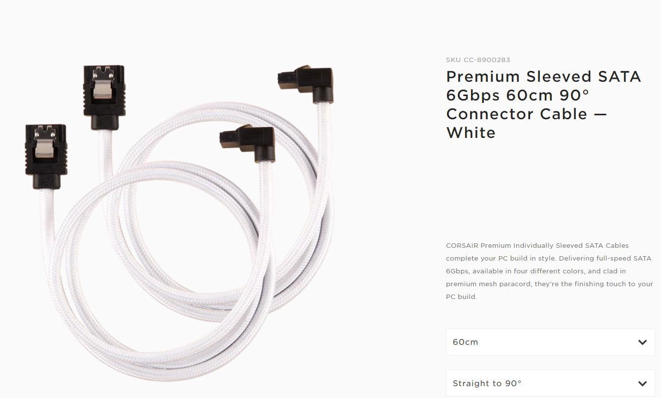 Corsair Premium Sleeved Sata 6Gbps 60CM 90° Connector Cable — White