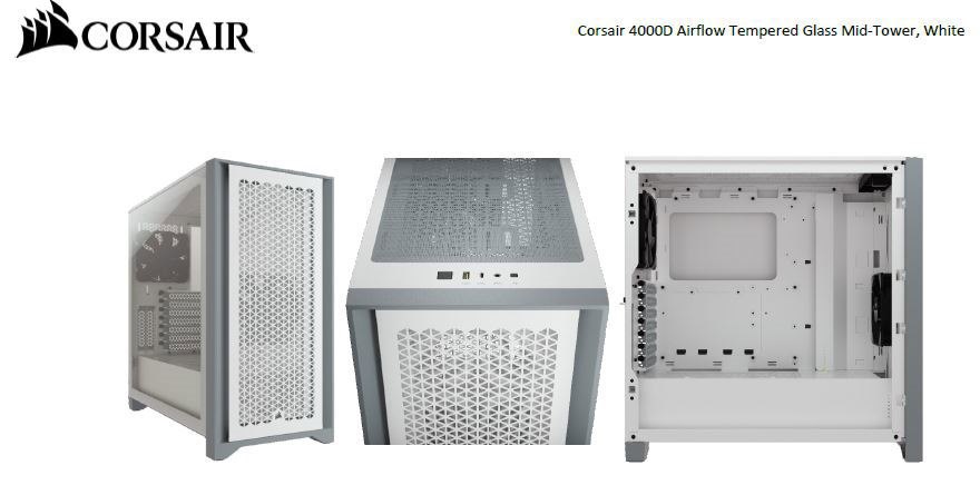 Corsair Carbide Series 4000D Airflow Atx Tempered Glass White, 2X 120MM Fans Pre-Installed. Usb 3.0 X 2, Audio I/O. Case