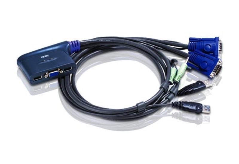 Aten Compact KVM Switch 2 Port Single Display Vga W/ Audio, 0.9M Cable, Computer Selection Via Hotkey,