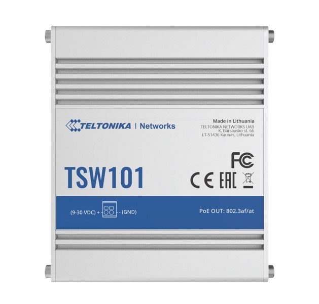 Teltonika TSW101 - Automotive Unmanaged PoE+ Switch, 112W, 4X PoE Ports, 9-30vDC Input