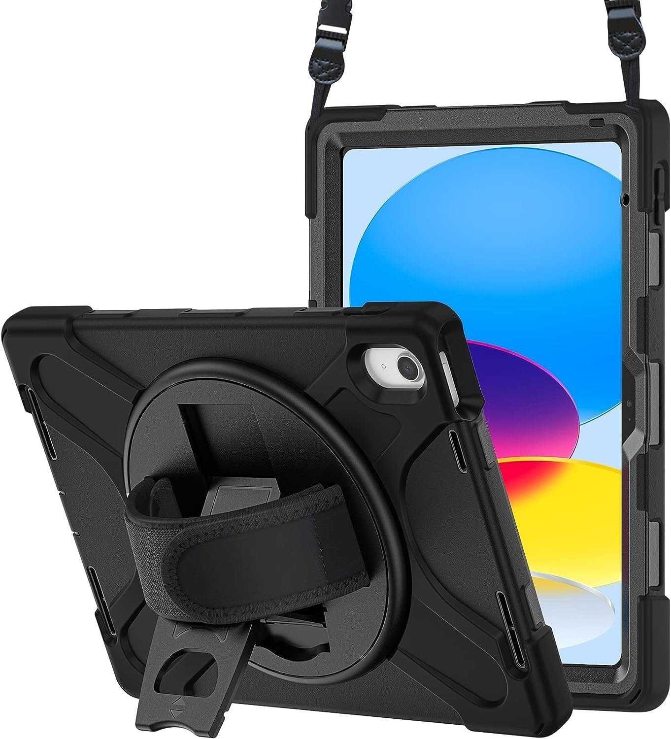 ProCase for iPad 10th Generation 10.9 Inch Case 2022, Rugged Heavy Duty Shockproof Cover Rotating Kickstand with Handle Holder Shoulder Strap for 10.9" iPad 10 –Black