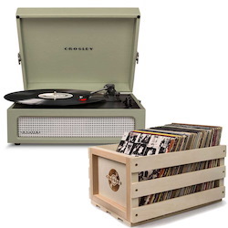 Crosley "Crosley Voyager Portable Turntable - Sage + Free Record Storage Crate"