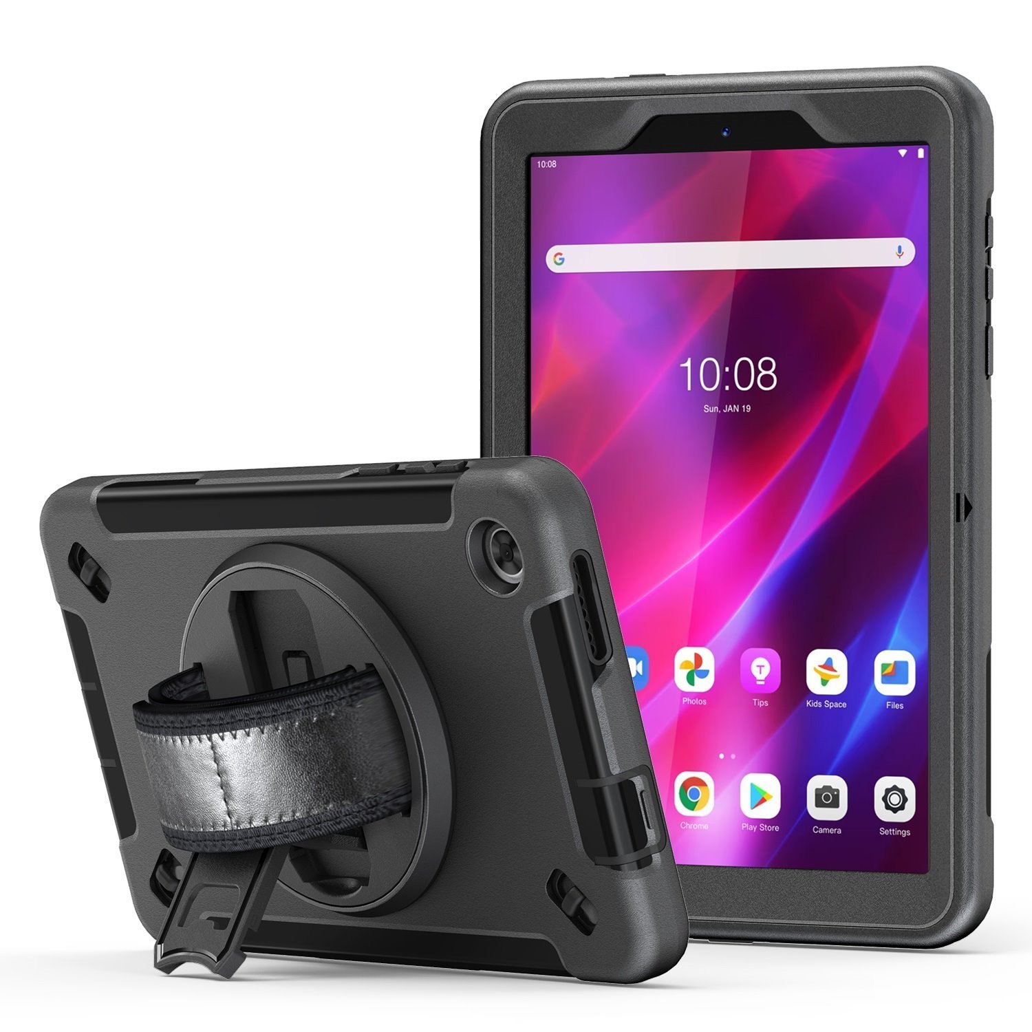 Pisen Rugged Lenovo Tab M8 (4TH Gen) (8') (TB-300) Case Black - Built-in-Kickstand, Adjustable Hand Strap, Shoulder Strap, Pen Holder, DropProof