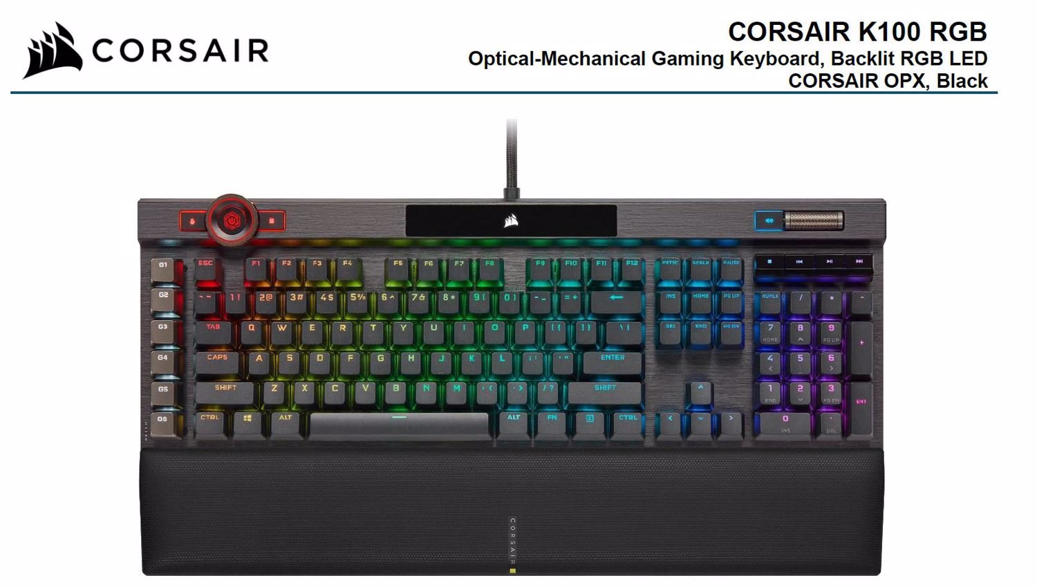 Corsair K100 RGB, Cherry Corsair Opx Switch, Axon 44-Zone RGB, PBT Double-Shot Keycaps, Black, Mechanical Gaming Keyboard