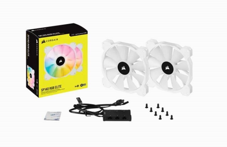 Corsair White SP140 RGB Elite, 140MM RGB Led Fan With AirGuide, 68 CFM, Dual Pack With Lighting Node Core