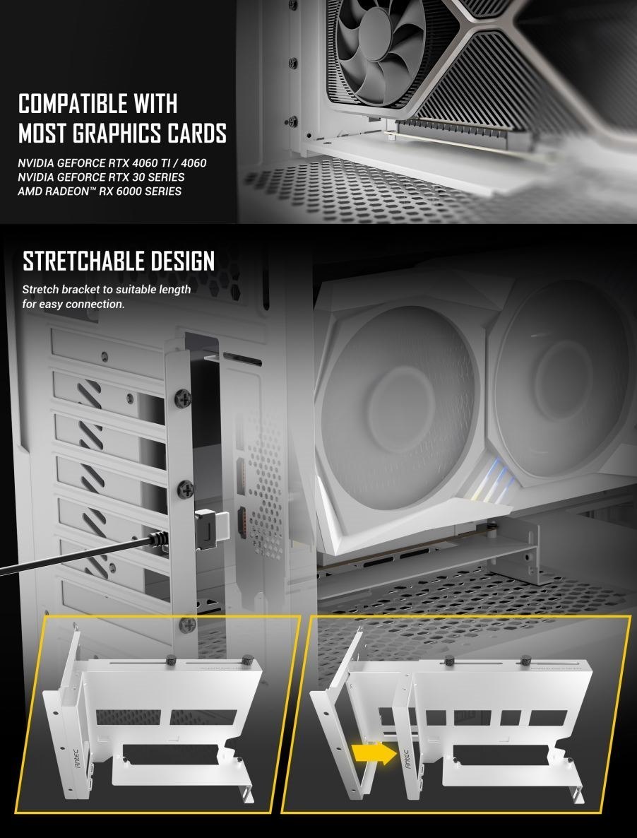 Antec Adjustable Vertical Bracket And Pci-E 4.0 Cable Kit White (200MM) X 16 Speed, Gold Plated Extreme Stability And Performance. 180 Degrees.