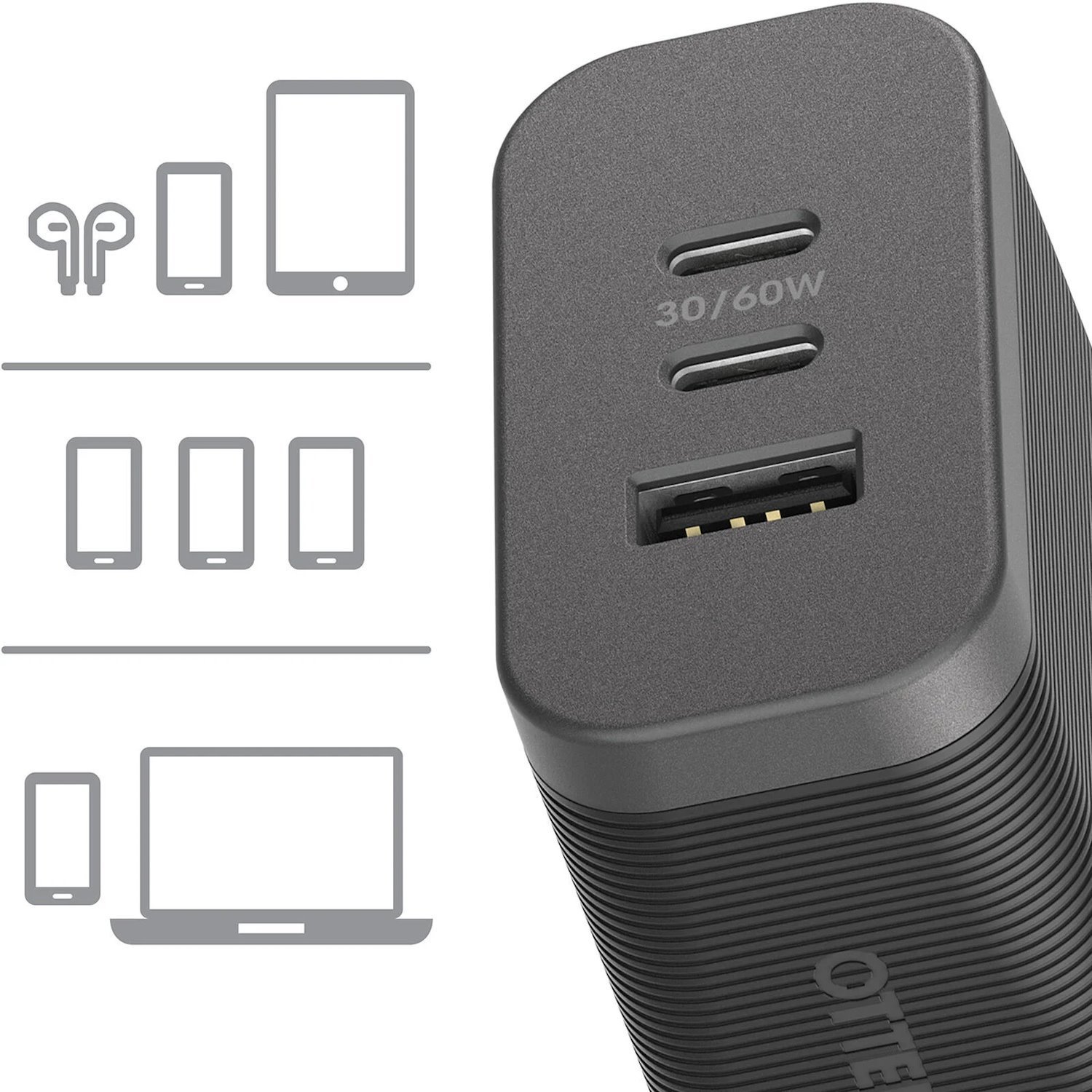 OtterBox 72W Triple Port Premium Pro Fast GaN PD Wall Charger - Black (78-81038), 1X Usb-A (12W), 2X Usb-C 30W (60W Shared), PPS, Travel-Ready, Laptop