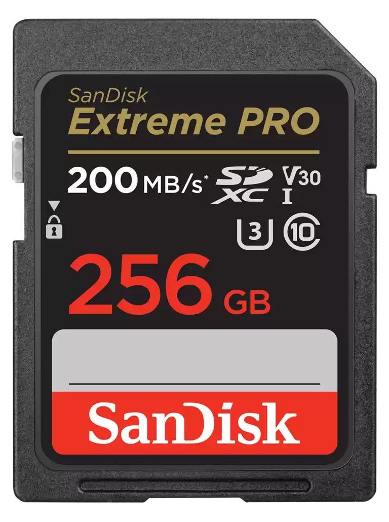 SanDisk Extreme Pro SDXC, SDXXD 256GB, V30, U3, C10, Uhs-I, 200MB/s R, 140MB/s W, 4X6, Lifetime Limited