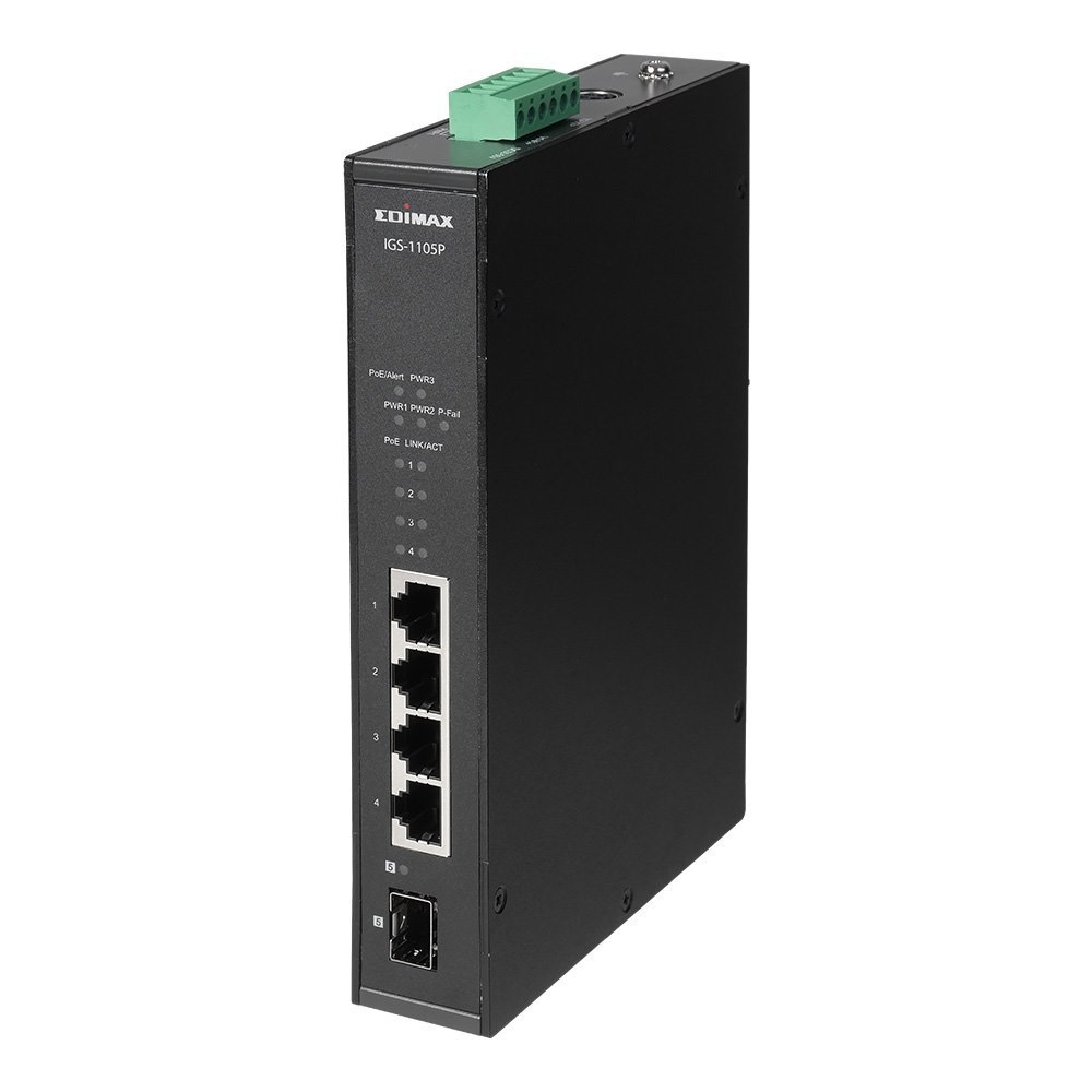 Edimax Igs-1105P Industrial 5-Port Gigabit Din-Rail Switch- 4 Gigabit PoE+ Ports And 1 SFP Uplink