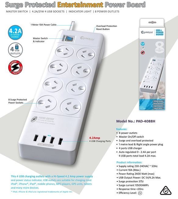 Generic Sansai 8 Outlets & 4 Usb Outlets Surge Protected Powerboard Master On/Off Switch 1M Lead & Right Angle Plug 230-240Vac Iv Retail Box